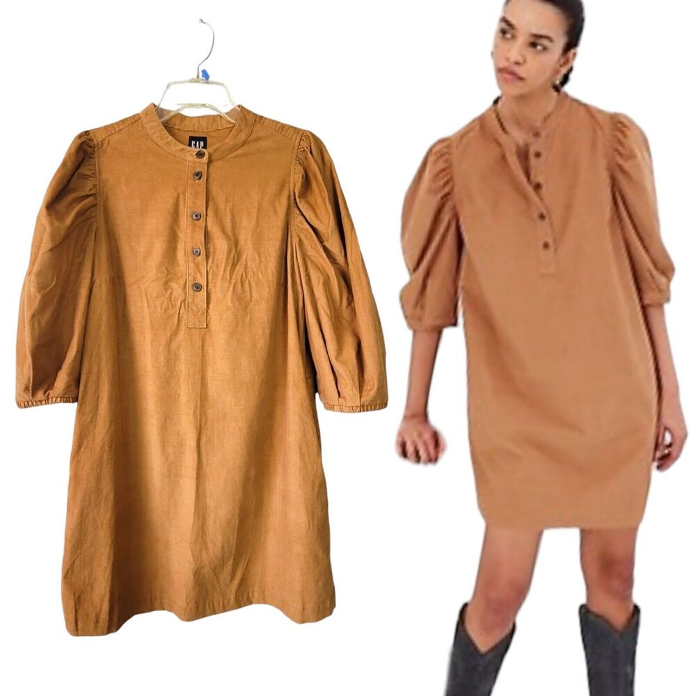 Gap Mini Dress Womens Small Brown Puff Sleeve Corduroy Button Up NEW